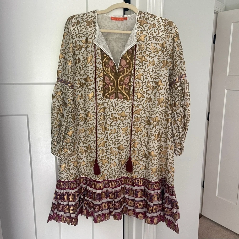 Oliphant‎ Balloon Drop Mini MARCHESA OLIVE Dress Long Sleeve Tassle Gold